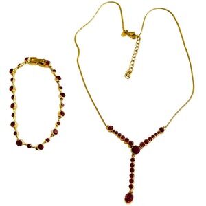 Monet red crystal Regal Earrings y-drop necklace Signed gold plated matching set